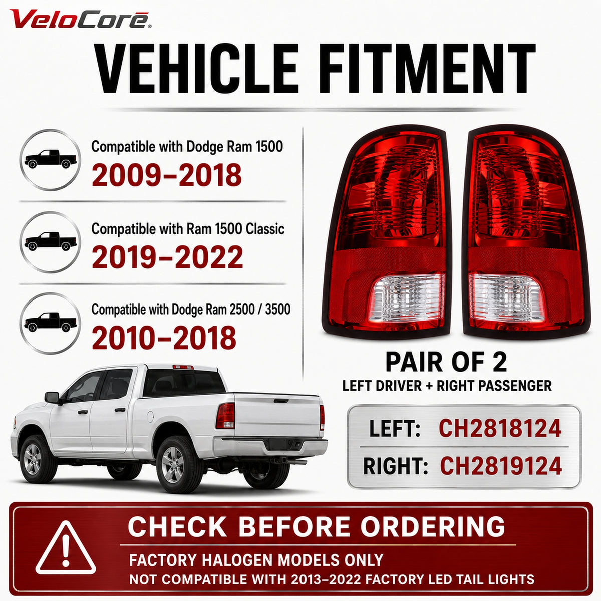 VeloCore Pair Tail Light Assembly CH2819124 CH2818124 for Dodge Ram