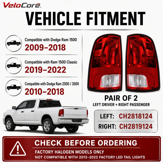 VeloCore Pair Tail Light Assembly CH2819124 CH2818124 for Dodge Ram