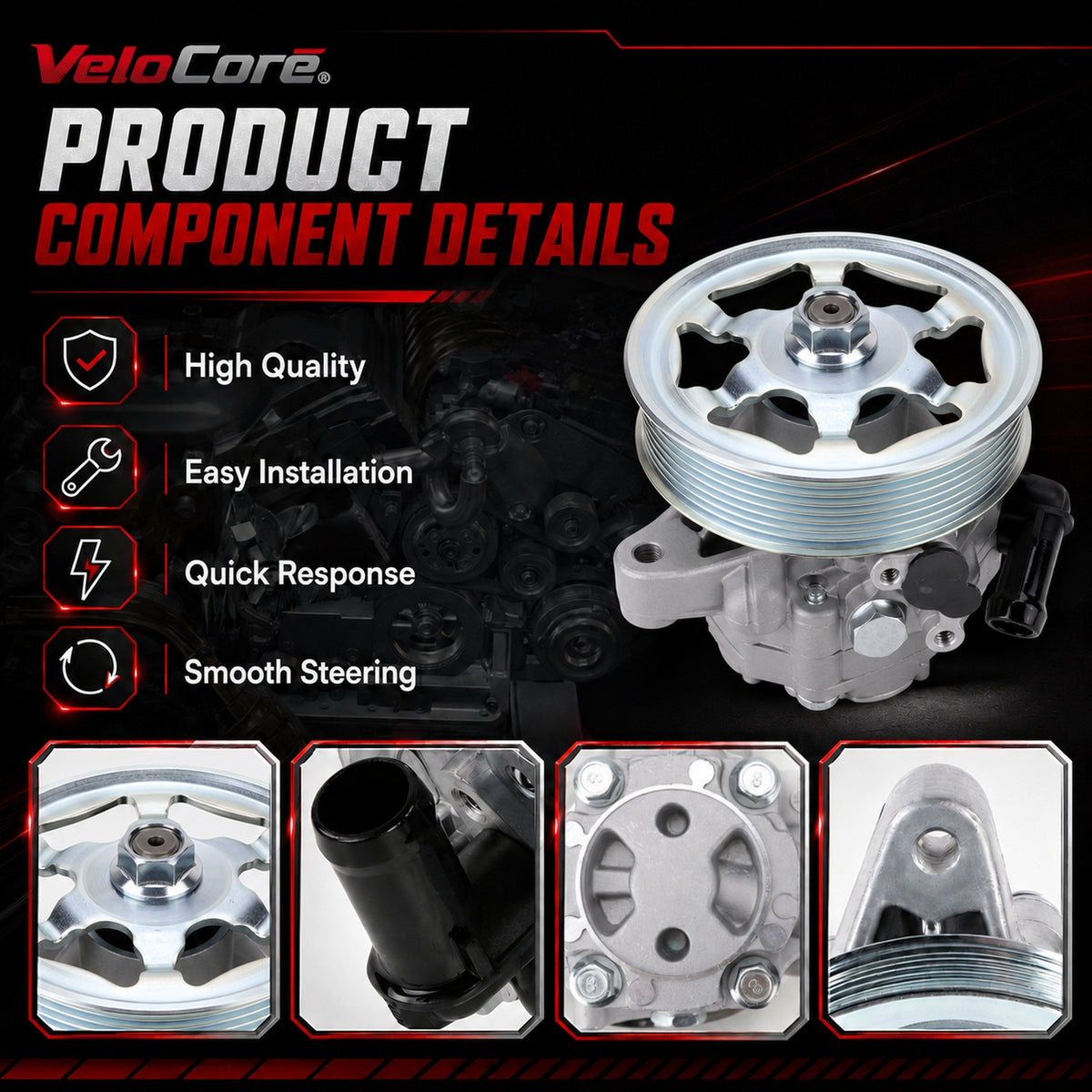 VeloCore Power Steering Pump & Pulley 56110-RAA-A01 Fit for Honda Accord | compatible with Honda Accord 2003-2005 2.4L L4, belt pulley included, alloy housing, replaces 21-5341