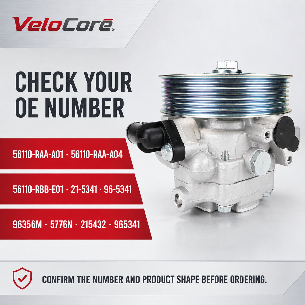 VeloCore Power Steering Pump & Pulley 56110-RAA-A01 Fit for Honda Accord | compatible with Honda Accord 2003-2005 2.4L L4, belt pulley included, alloy housing, replaces 21-5341