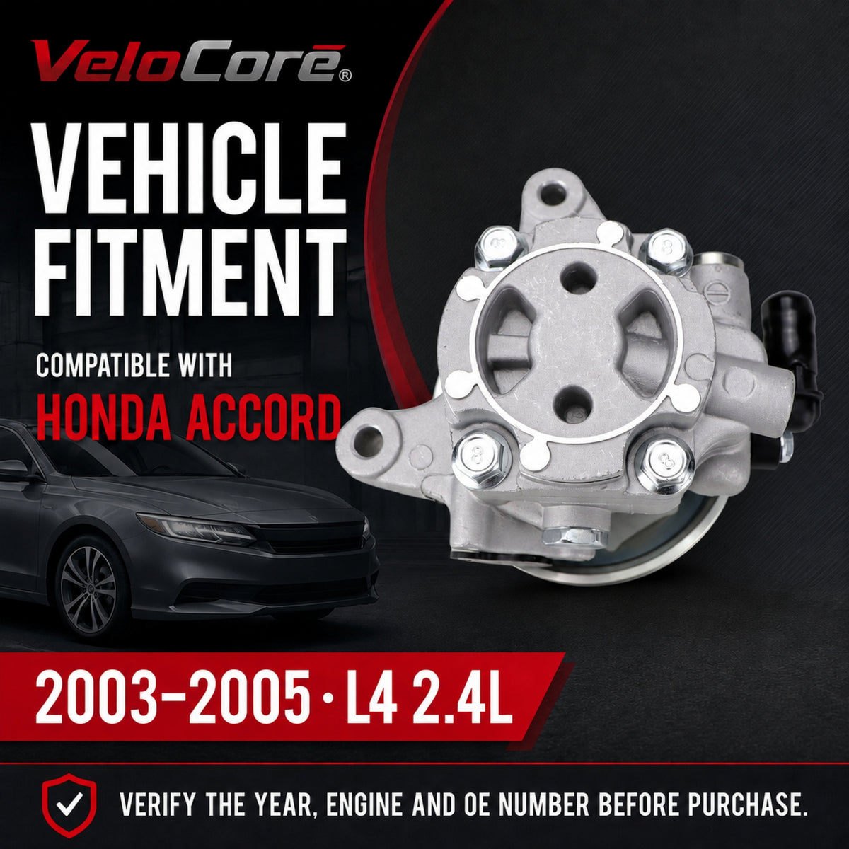 VeloCore Power Steering Pump & Pulley 56110-RAA-A01 Fit for Honda Accord | compatible with Honda Accord 2003-2005 2.4L L4, belt pulley included, alloy housing, replaces 21-5341