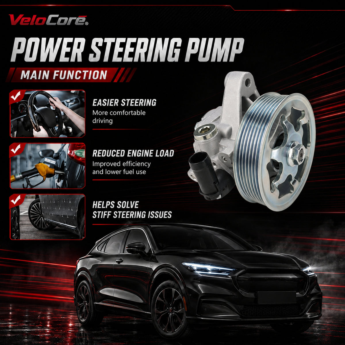 VeloCore Power Steering Pump & Pulley 56110-RAA-A01 Fit for Honda Accord | compatible with Honda Accord 2003-2005 2.4L L4, belt pulley included, alloy housing, replaces 21-5341