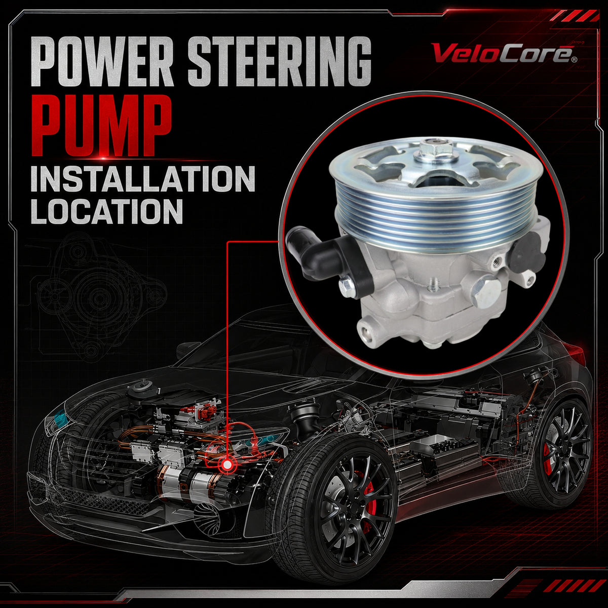 VeloCore Power Steering Pump & Pulley 56110-RAA-A01 Fit for Honda Accord | compatible with Honda Accord 2003-2005 2.4L L4, belt pulley included, alloy housing, replaces 21-5341