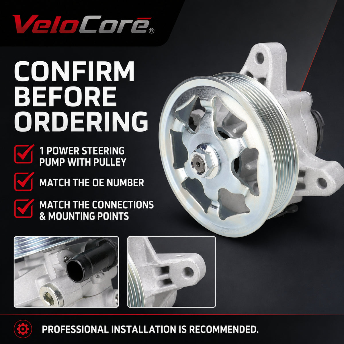 VeloCore Power Steering Pump & Pulley 56110-RAA-A01 Fit for Honda Accord | compatible with Honda Accord 2003-2005 2.4L L4, belt pulley included, alloy housing, replaces 21-5341