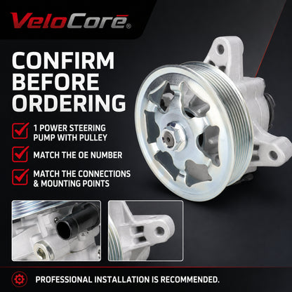 VeloCore Power Steering Pump & Pulley 56110-RAA-A01 Fit for Honda Accord | compatible with Honda Accord 2003-2005 2.4L L4, belt pulley included, alloy housing, replaces 21-5341