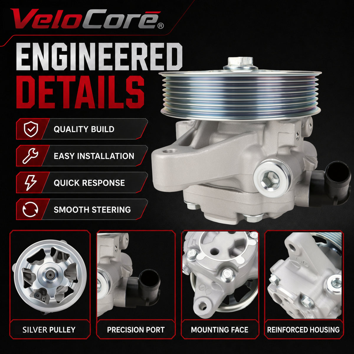VeloCore 21-5419 Power Steering Pump with Pulley 2.0L 2.3L 2.4L | Compatible with Honda CR-V 05-11 Accord 06-07 Element 06-11 and Acura RSX TSX RDX 2002-2012, replaces 56110PNBA03