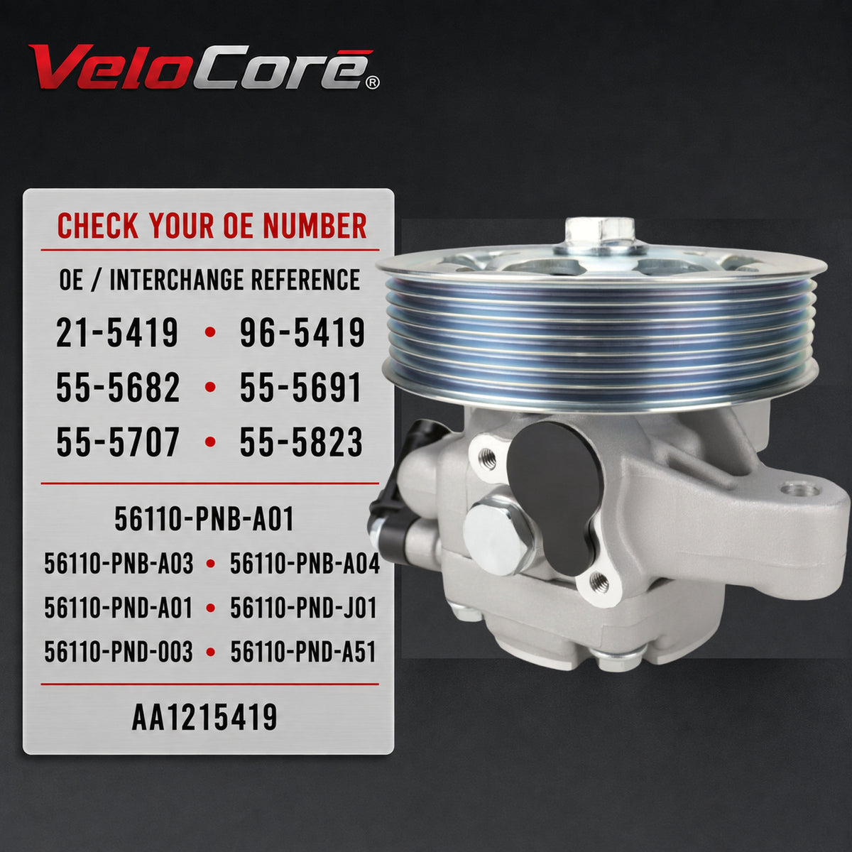 VeloCore 21-5419 Power Steering Pump with Pulley 2.0L 2.3L 2.4L | Compatible with Honda CR-V 05-11 Accord 06-07 Element 06-11 and Acura RSX TSX RDX 2002-2012, replaces 56110PNBA03