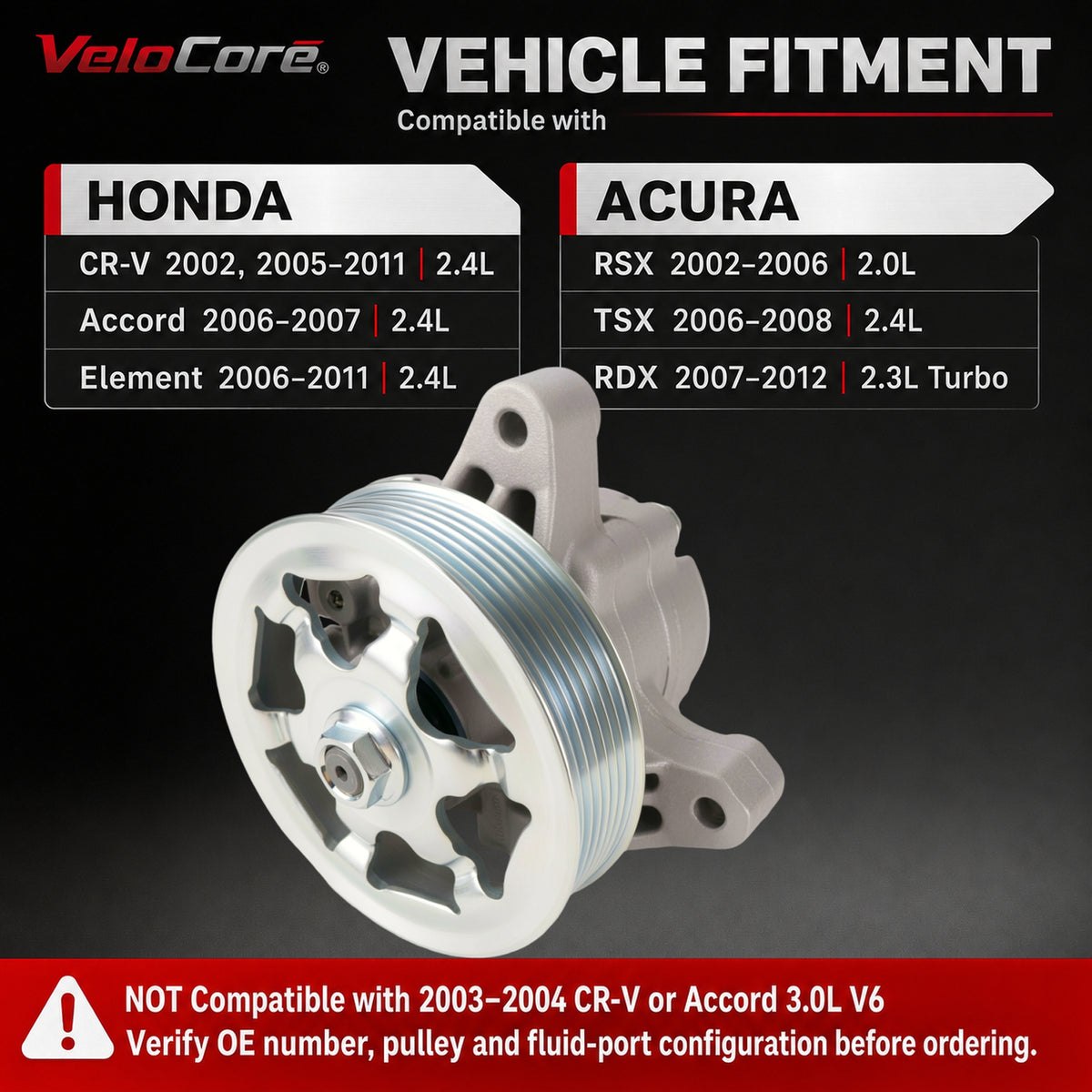VeloCore 21-5419 Power Steering Pump with Pulley 2.0L 2.3L 2.4L | Compatible with Honda CR-V 05-11 Accord 06-07 Element 06-11 and Acura RSX TSX RDX 2002-2012, replaces 56110PNBA03