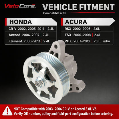 VeloCore 21-5419 Power Steering Pump with Pulley 2.0L 2.3L 2.4L | Compatible with Honda CR-V 05-11 Accord 06-07 Element 06-11 and Acura RSX TSX RDX 2002-2012, replaces 56110PNBA03