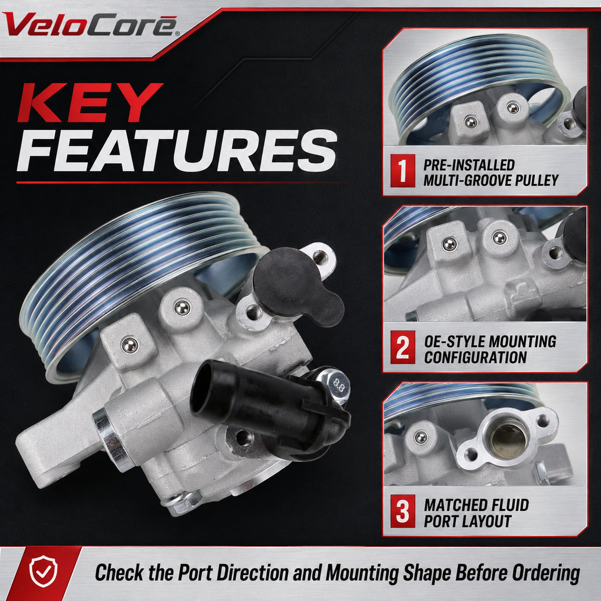 VeloCore Power Steering Pump & Pulley 56110RNAA01 Fit for Honda Civic | compatible with Honda Civic 2006-2011 1.8L with hydraulic steering, metal assembly, pulley included, 21-5456
