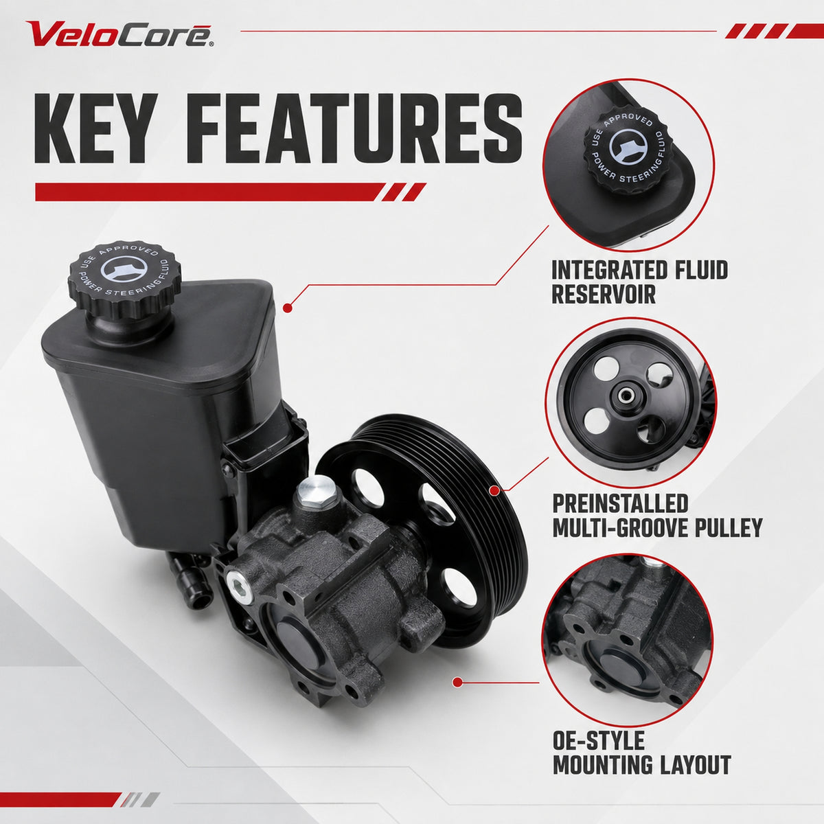 VeloCore Power Steering Pump 20-70269 Pulley Reservoir Complete Assembly | Compatible with Dodge Ram 1500 2002-2007 3.7L/4.7L, Durango 2004-2007 5.7L, Replaces 96-70269 55-7154 720-01126