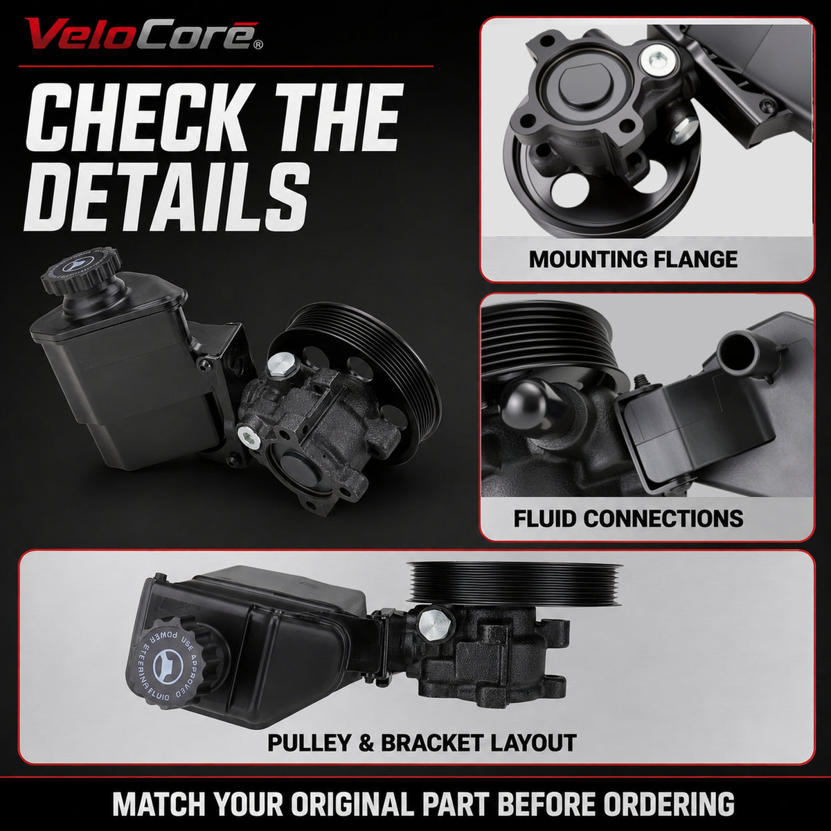 VeloCore Power Steering Pump 20-70269 Pulley Reservoir Complete Assembly | Compatible with Dodge Ram 1500 2002-2007 3.7L/4.7L, Durango 2004-2007 5.7L, Replaces 96-70269 55-7154 720-01126