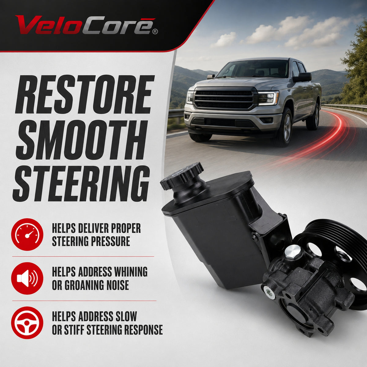 VeloCore Power Steering Pump 20-70269 Pulley Reservoir Complete Assembly | Compatible with Dodge Ram 1500 2002-2007 3.7L/4.7L, Durango 2004-2007 5.7L, Replaces 96-70269 55-7154 720-01126