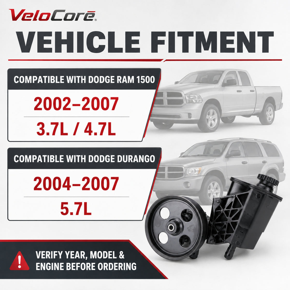 VeloCore Power Steering Pump 20-70269 Pulley Reservoir Complete Assembly | Compatible with Dodge Ram 1500 2002-2007 3.7L/4.7L, Durango 2004-2007 5.7L, Replaces 96-70269 55-7154 720-01126