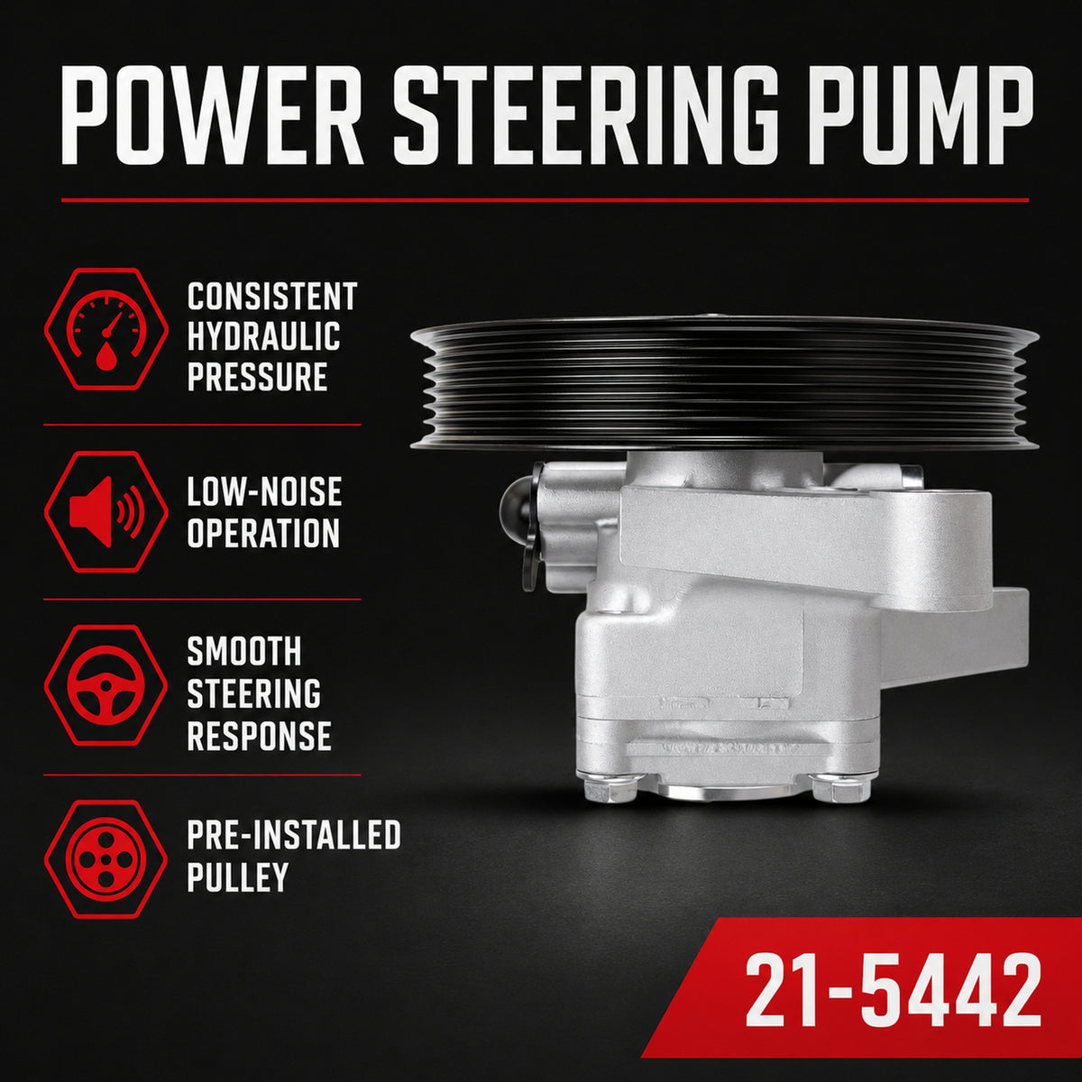 VeloCore Power Steering Pump & Pulley 56110-RGL-A03 Fit for Honda Odyssey | compatible with Honda Odyssey 2005-2010 3.5L and Pilot 2005-2008 3.5L, pulley included, 21-5442