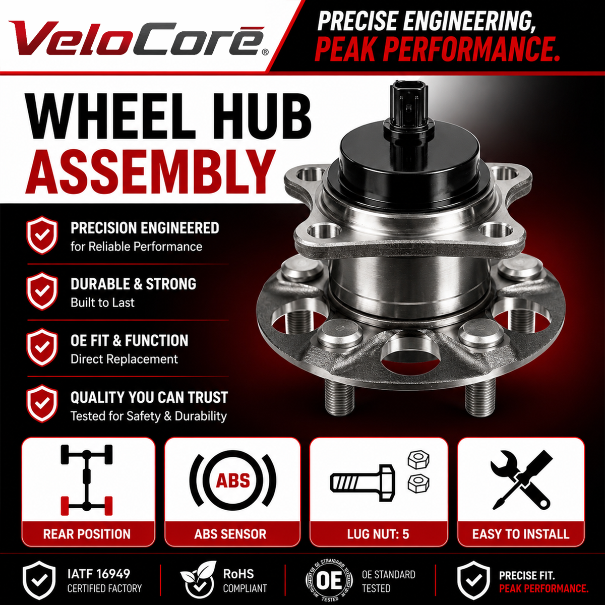 VeloCore Rear Wheel Hub and Bearing Assembly 512505 Compatible with Toyota Prius 2010-2015 & Plug-in - Replaces 42450-47040 HA590373 with ABS Sensor