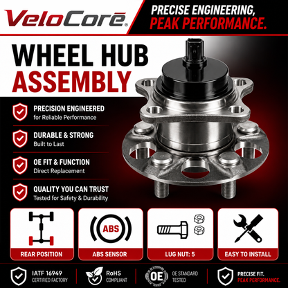 VeloCore Rear Wheel Hub and Bearing Assembly 512505 Compatible with Toyota Prius 2010-2015 & Plug-in - Replaces 42450-47040 HA590373 with ABS Sensor