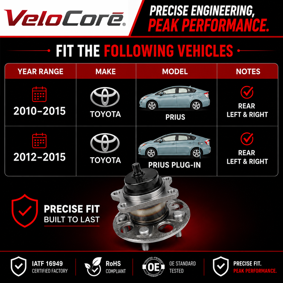 VeloCore Rear Wheel Hub and Bearing Assembly 512505 Compatible with Toyota Prius 2010-2015 & Plug-in - Replaces 42450-47040 HA590373 with ABS Sensor