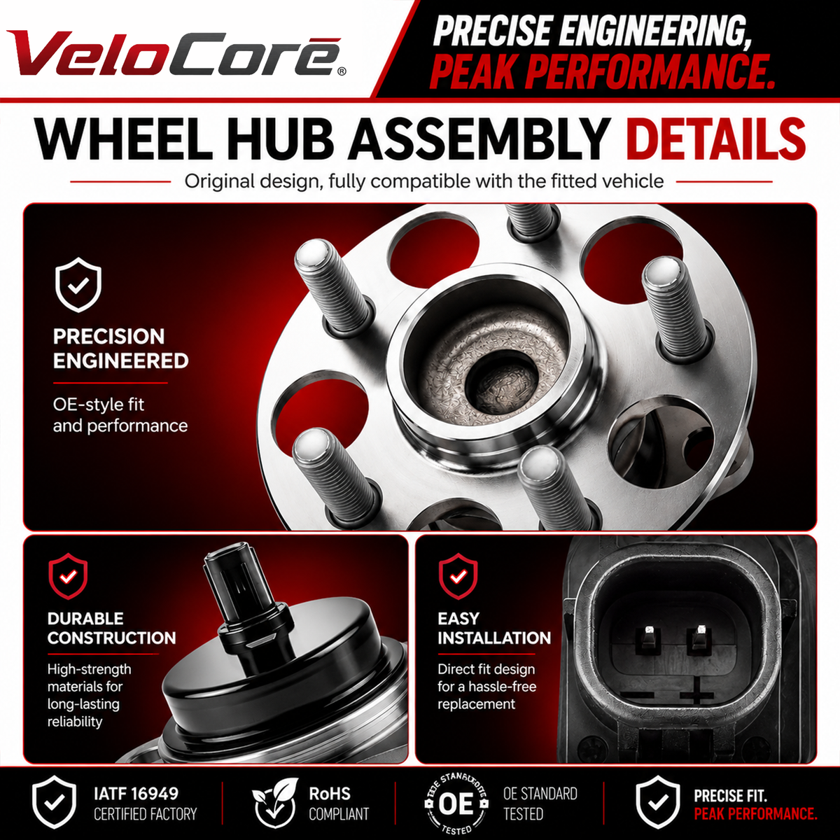VeloCore Rear Wheel Hub and Bearing Assembly 512505 Compatible with Toyota Prius 2010-2015 & Plug-in - Replaces 42450-47040 HA590373 with ABS Sensor