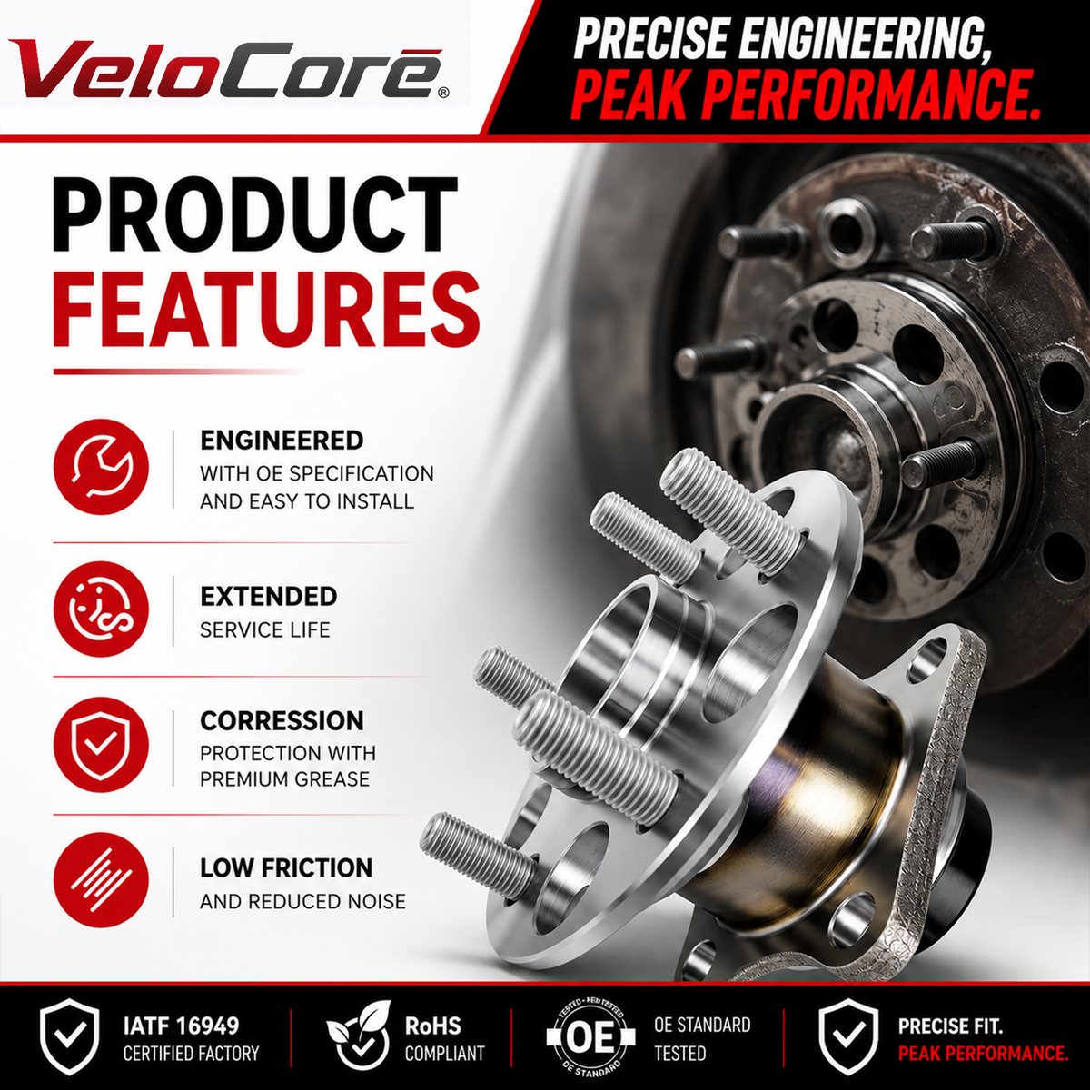 VeloCore Rear Wheel Hub and Bearing Assembly 512505 Compatible with Toyota Prius 2010-2015 & Plug-in - Replaces 42450-47040 HA590373 with ABS Sensor
