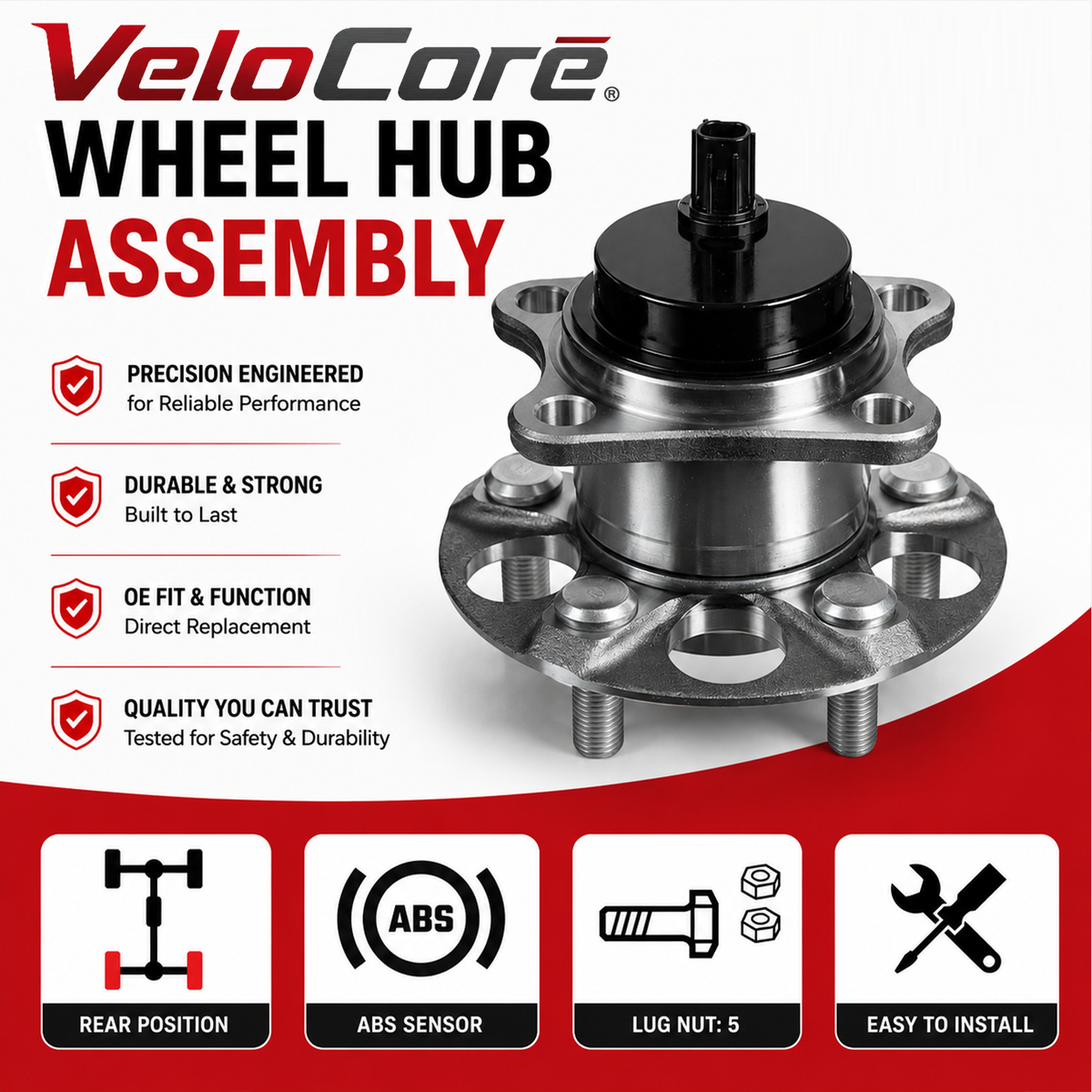 VeloCore Rear Wheel Hub and Bearing Assembly 512505 Compatible with Toyota Prius 2010-2015 & Plug-in - Replaces 42450-47040 HA590373 with ABS Sensor