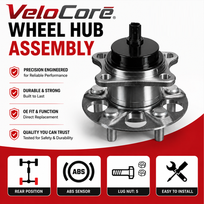 VeloCore Rear Wheel Hub and Bearing Assembly 512505 Compatible with Toyota Prius 2010-2015 & Plug-in - Replaces 42450-47040 HA590373 with ABS Sensor