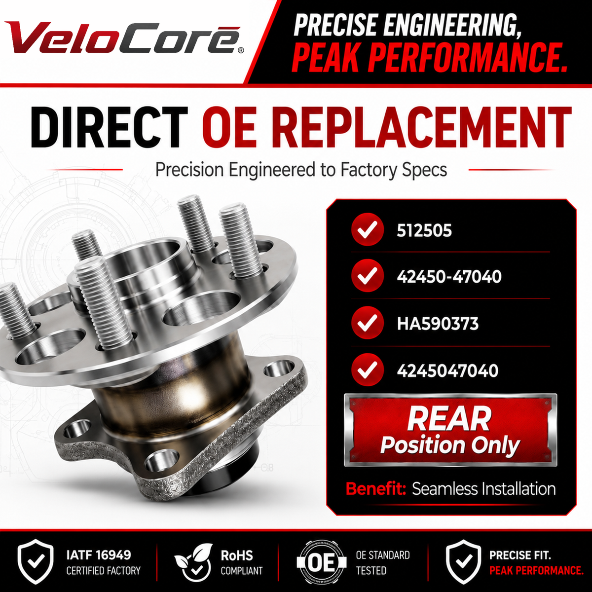 VeloCore Rear Wheel Hub and Bearing Assembly 512505 Compatible with Toyota Prius 2010-2015 & Plug-in - Replaces 42450-47040 HA590373 with ABS Sensor