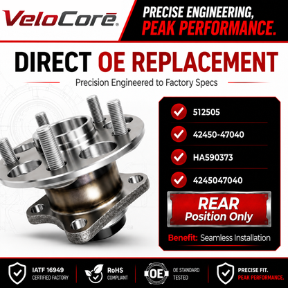 VeloCore Rear Wheel Hub and Bearing Assembly 512505 Compatible with Toyota Prius 2010-2015 & Plug-in - Replaces 42450-47040 HA590373 with ABS Sensor