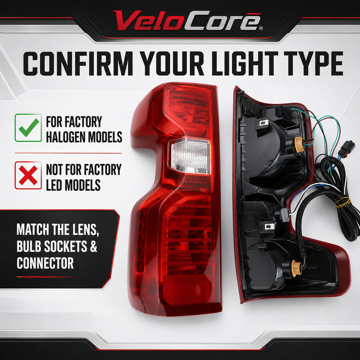 VeloCore Red Tail Light Pair 84554656 Fit for Chevrolet Silverado 1500 | compatible with Chevrolet Silverado 1500 2019-2025 and 2500HD 2020-2025, halogen bulbs, left and right, 84554657