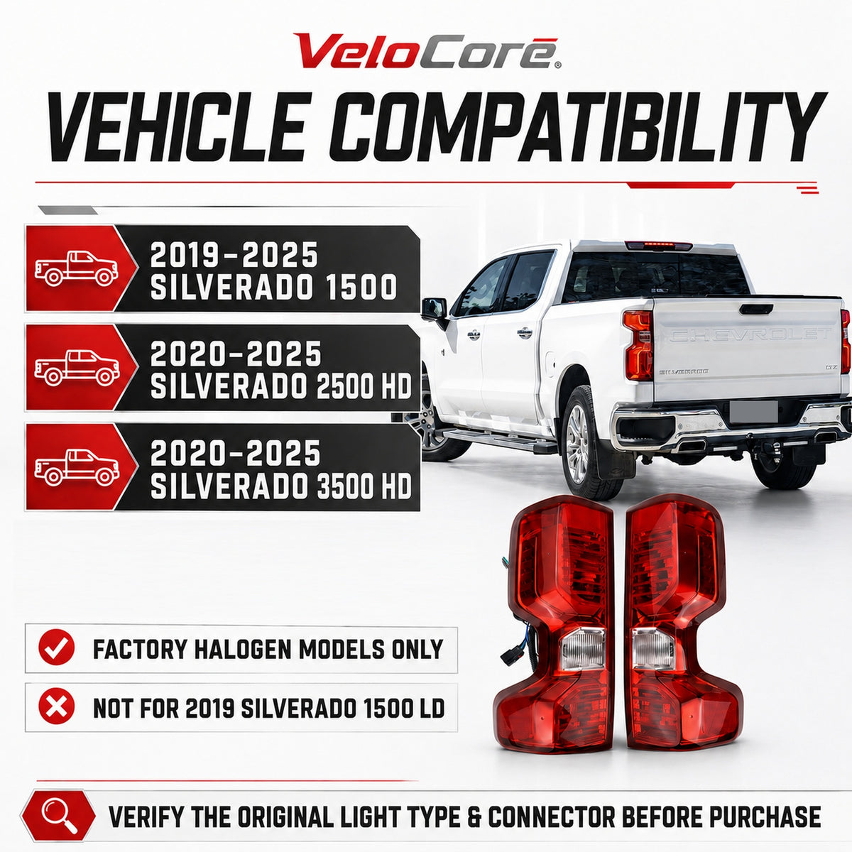 VeloCore Red Tail Light Pair 84554656 Fit for Chevrolet Silverado 1500 | compatible with Chevrolet Silverado 1500 2019-2025 and 2500HD 2020-2025, halogen bulbs, left and right, 84554657