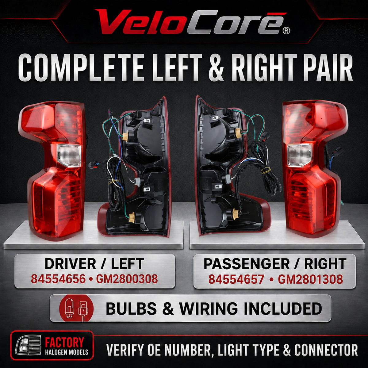 VeloCore Red Tail Light Pair 84554656 Fit for Chevrolet Silverado 1500 | compatible with Chevrolet Silverado 1500 2019-2025 and 2500HD 2020-2025, halogen bulbs, left and right, 84554657