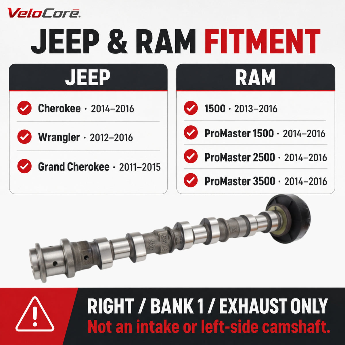 VeloCore Right Exhaust Camshaft 5184378AF Fit for Jeep Wrangler 3.6L V6 | compatible with Jeep Wrangler 2012-2016, Grand Cherokee 2011-2015, 3.6L V6 only, right exhaust, metal construction