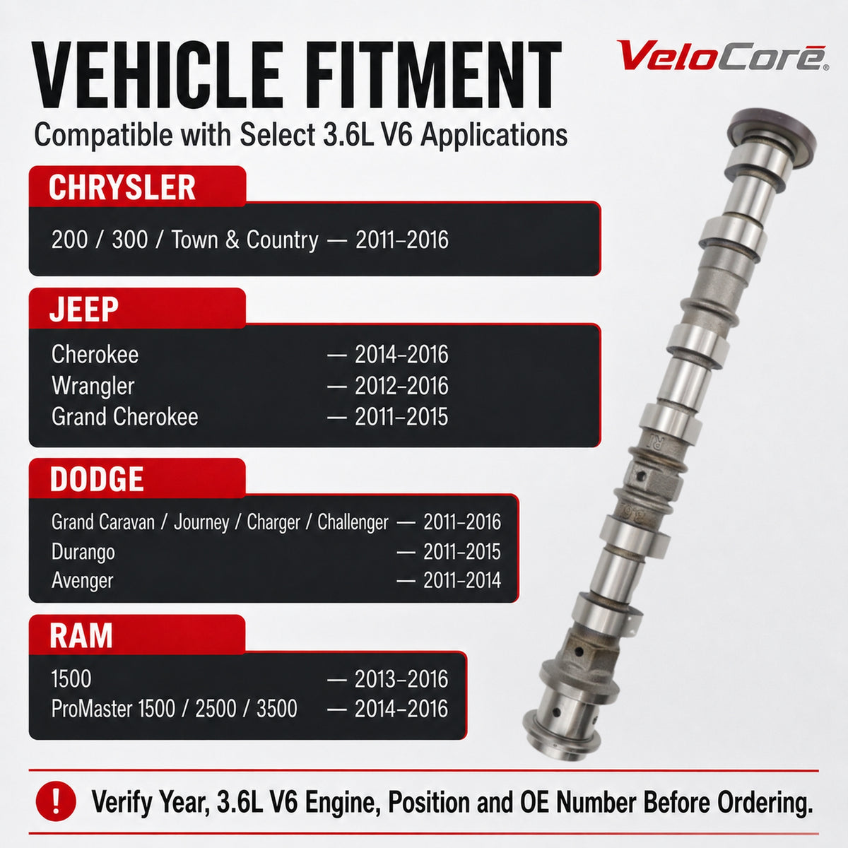 VeloCore Right Intake Camshaft 5184380AG Fit for Jeep Wrangler 3.6L V6 | compatible with Jeep Wrangler 2012-2016, Grand Cherokee 2011-2015, 3.6L V6 only, right intake, 5184380AH