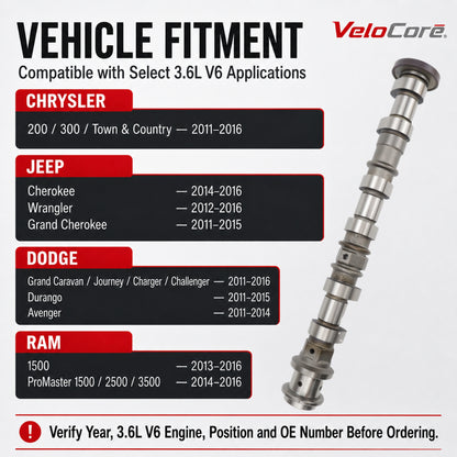 VeloCore Right Intake Camshaft 5184380AG Fit for Jeep Wrangler 3.6L V6 | compatible with Jeep Wrangler 2012-2016, Grand Cherokee 2011-2015, 3.6L V6 only, right intake, 5184380AH