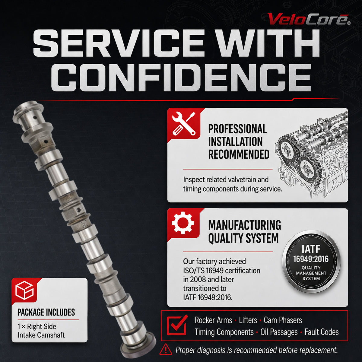 VeloCore Right Intake Camshaft 5184380AG Fit for Jeep Wrangler 3.6L V6 | compatible with Jeep Wrangler 2012-2016, Grand Cherokee 2011-2015, 3.6L V6 only, right intake, 5184380AH