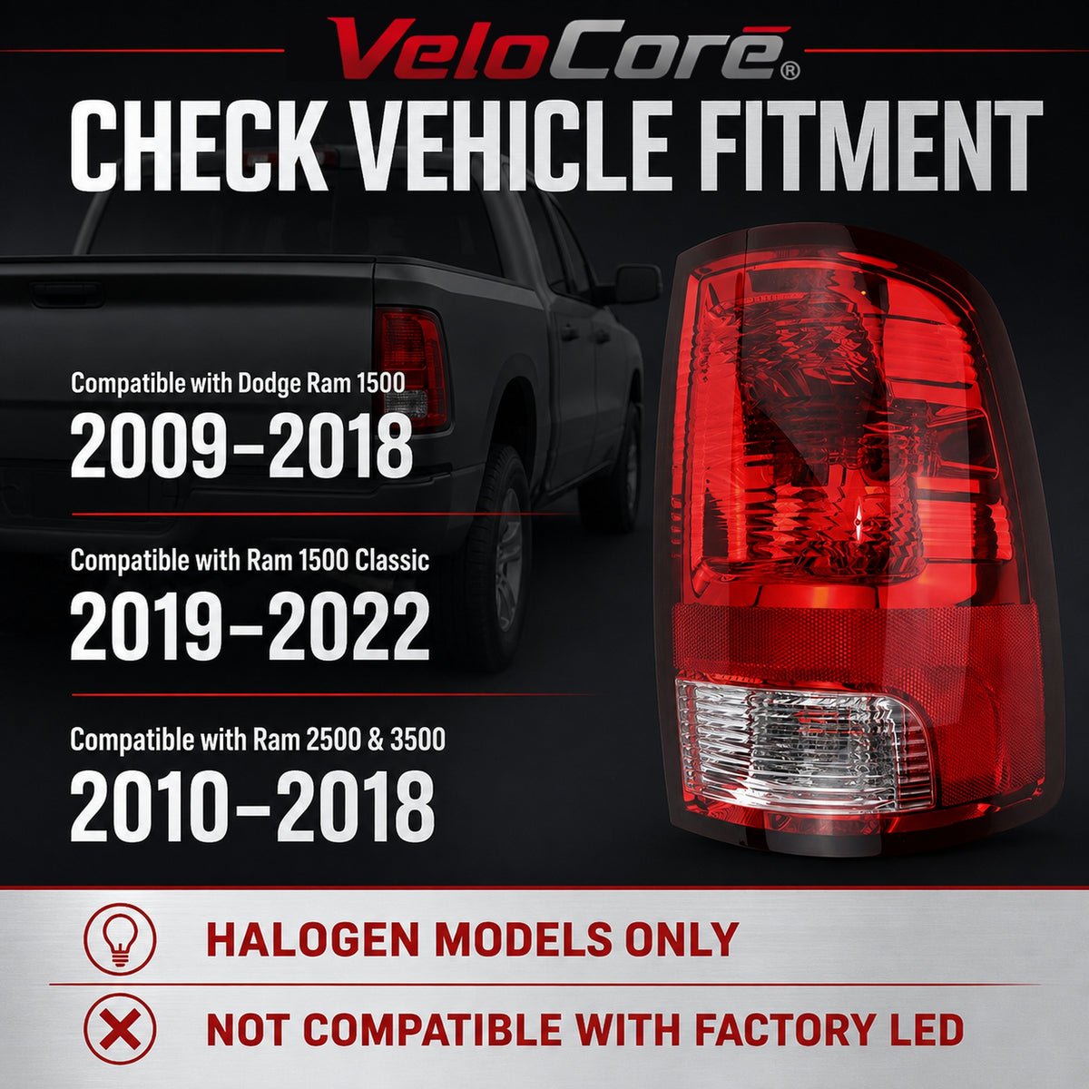VeloCore CH2819124 Halogen Tail Light Assembly Right Side with Bulbs | Compatible with Dodge Ram 1500 2009-2018, Ram 2500/3500 2010-2018, Ram 1500 Classic 2019-2022, Right Passenger Side