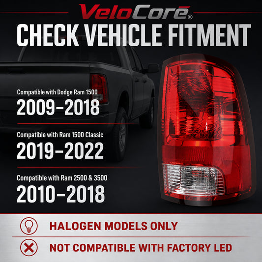 VeloCore CH2819124 Halogen Tail Light Assembly Right Side with Bulbs | Compatible with Dodge Ram 1500 2009-2018, Ram 2500/3500 2010-2018, Ram 1500 Classic 2019-2022, Right Passenger Side