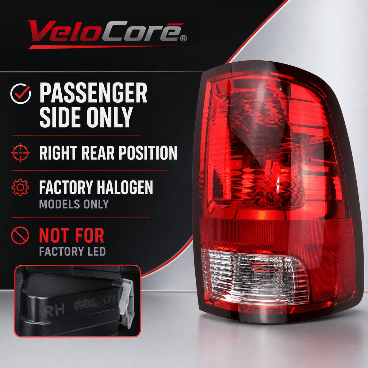 VeloCore CH2819124 Halogen Tail Light Assembly Right Side with Bulbs | Compatible with Dodge Ram 1500 2009-2018, Ram 2500/3500 2010-2018, Ram 1500 Classic 2019-2022, Right Passenger Side