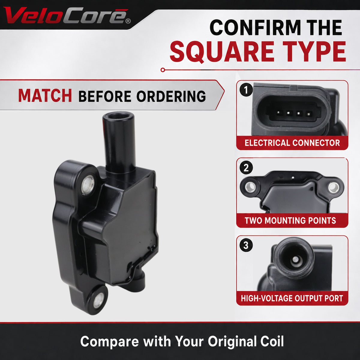 VeloCore Square Ignition Coil Set of 8 12570616 Fit for Chevrolet Silverado | compatible with Chevrolet Silverado 1500 2008-2013 and GMC Sierra 1500 2008-2015 V8, square coils, UF413