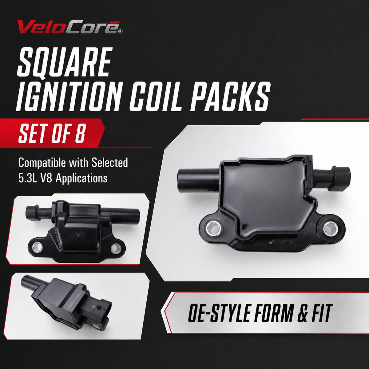 VeloCore Square Ignition Coil Set of 8 12570616 Fit for Chevrolet Silverado | compatible with Chevrolet Silverado 1500 2008-2013 and GMC Sierra 1500 2008-2015 V8, square coils, UF413