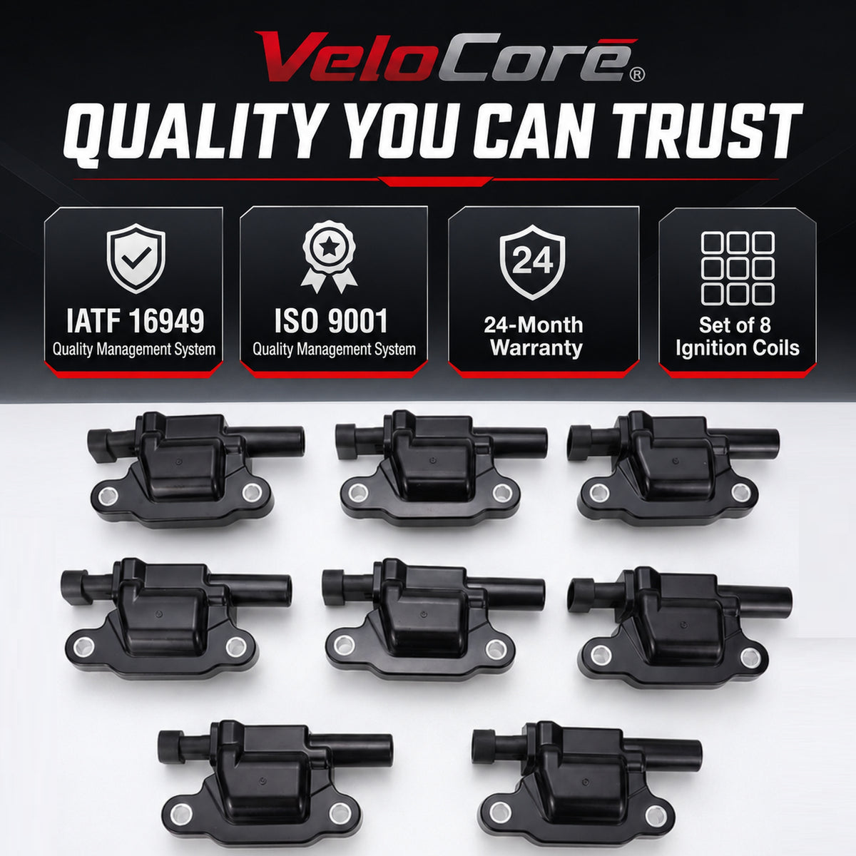 VeloCore Square Ignition Coil Set of 8 12570616 Fit for Chevrolet Silverado | compatible with Chevrolet Silverado 1500 2008-2013 and GMC Sierra 1500 2008-2015 V8, square coils, UF413