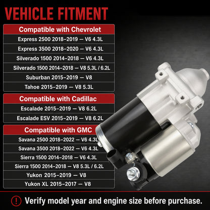 VeloCore 10910 New Starter Motor Replacement for 12655055 M000T24072 | Fit 14-18 Chevy Silverado 1500 Suburban Tahoe, Cadillac Escalade 6.2L 15-16, GMC Sierra 1500 V6 V8 4.3 5.3L 6.2L,15-16 Yukon | Compatible with Chevy:Express 2500 v6 2018-2019