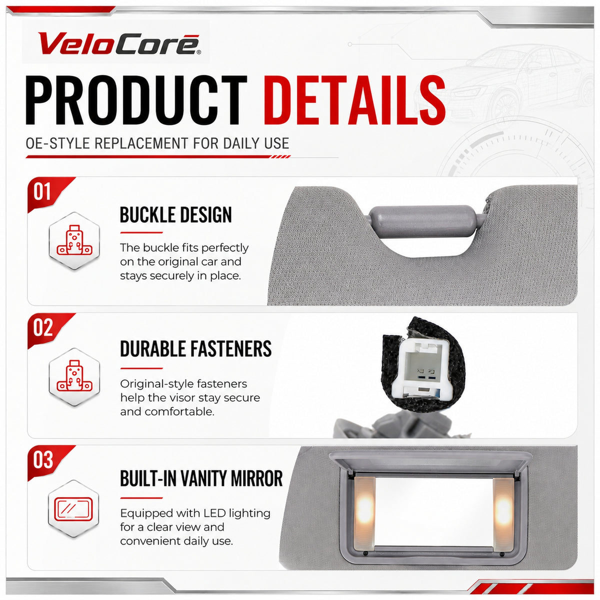 VeloCore Sun Visor 83280-TLY-H11ZB Left Driver Side Grey Portable Mirror