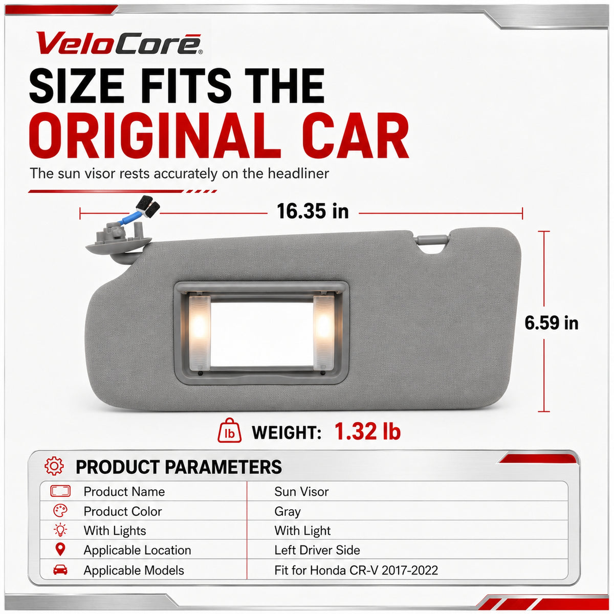 VeloCore Sun Visor 83280-TLY-H11ZB Left Driver Side Grey Portable Mirror