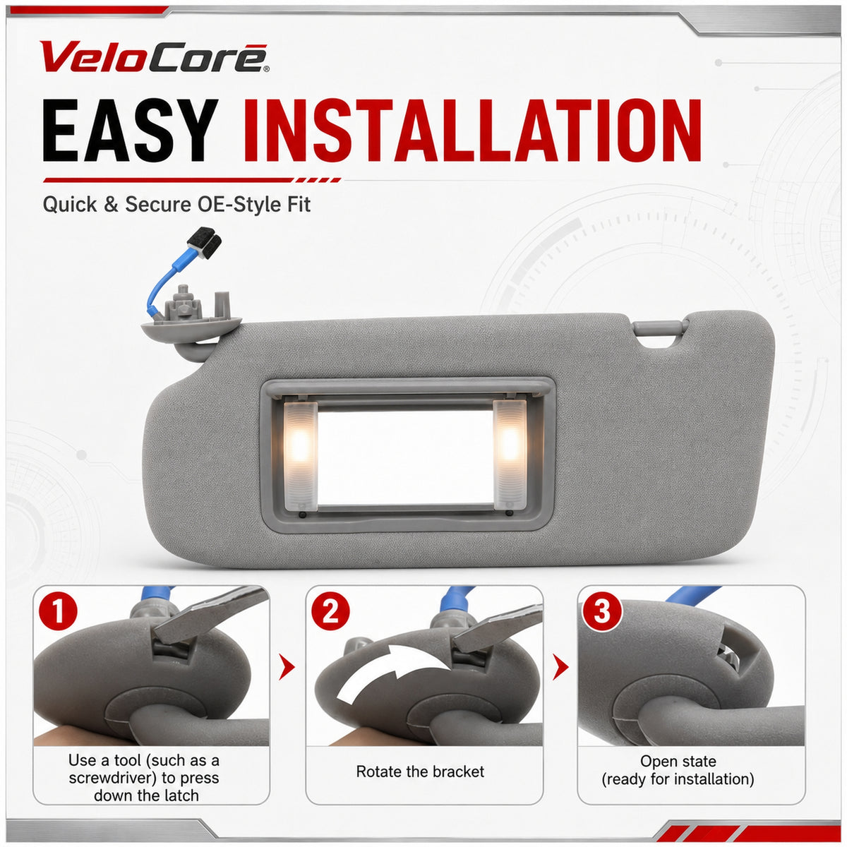 VeloCore Sun Visor 83280-TLY-H11ZB Left Driver Side Grey Portable Mirror