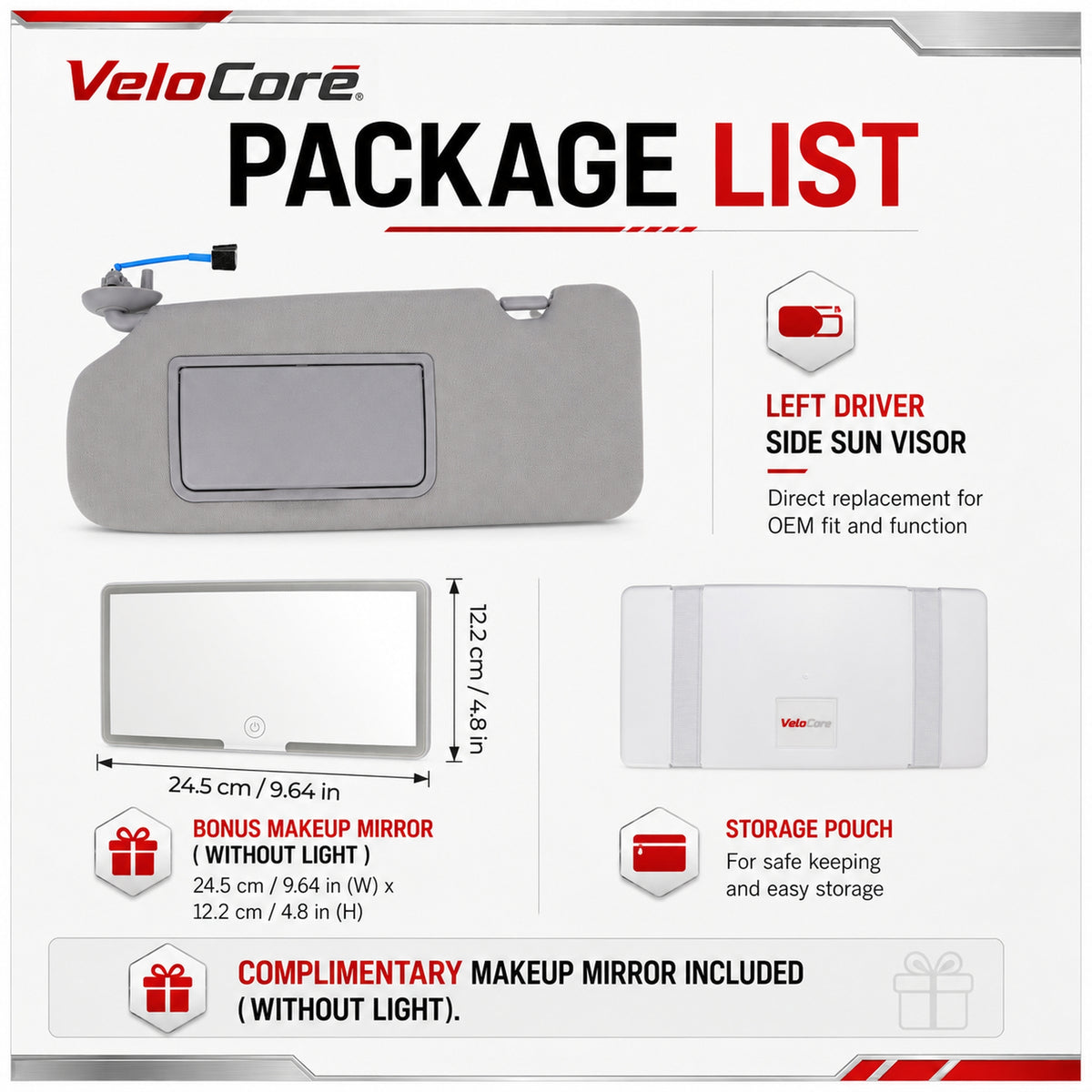 VeloCore Sun Visor 83280-TLY-H11ZB Left Driver Side Grey Portable Mirror