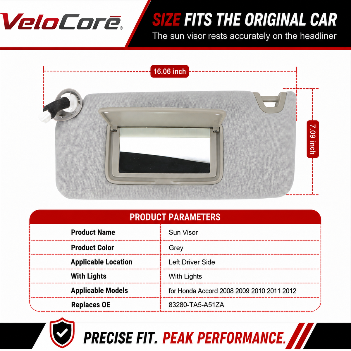 VeloCore Sun Visor Left Driver Side Compatible with Honda Accord 2008-2017 Grey Replaces 83280-TA5-A51ZA - Sunshade with Illuminated Vanity Light & Bonus Portable Mirror