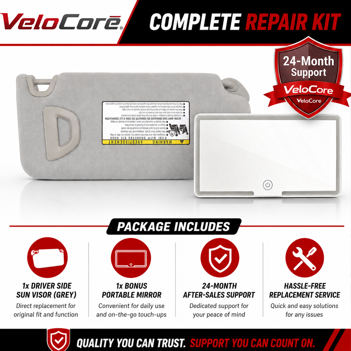 VeloCore Sun Visor Left Driver Side Compatible with Honda Accord 2008-2017 Grey Replaces 83280-TA5-A51ZA - Sunshade with Illuminated Vanity Light & Bonus Portable Mirror