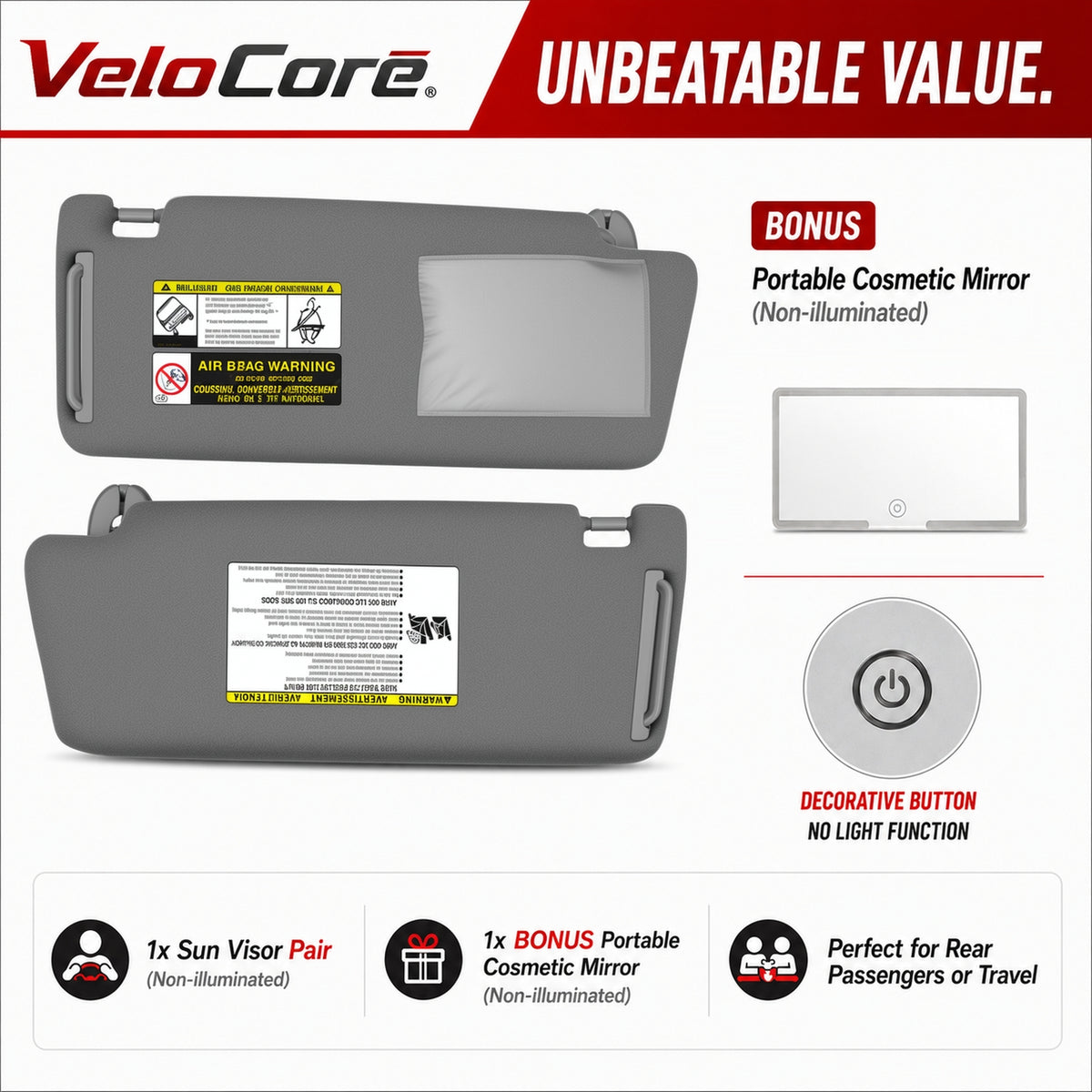 VeloCore Gray Sun Visor Pair Compatible with Toyota Tacoma 2005-2015