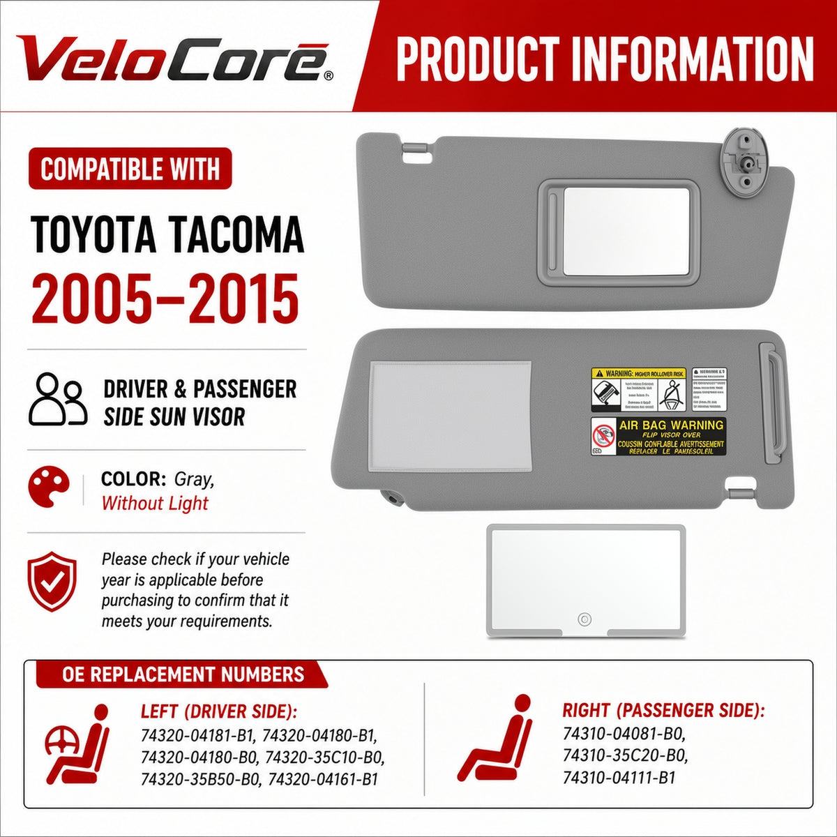 VeloCore Gray Sun Visor Pair Compatible with Toyota Tacoma 2005-2015